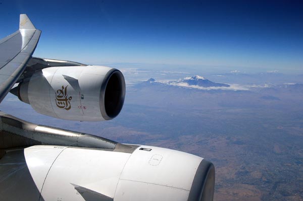 Emirates A340-500 flying by Mount Ararat