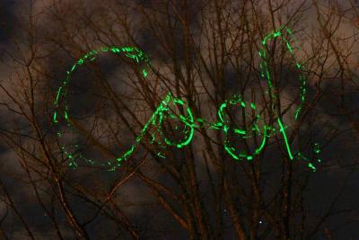 Writing w/ green laser at night in trees, SammyD