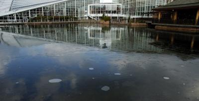 Village centre next morning, lake with ice on it
