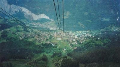 View from the gondola going from Wengen to Mannlichen. Wengen and the Lauterbrunnen Valley (left) are in the background.