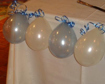 Grosvenor Pulford - Close up azure blue and ivory balloons around the cake table