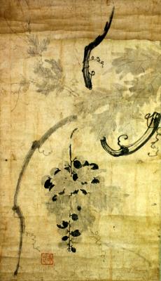 Antique Korean Scroll - Grapes on Vine, Ink on Paper, 20x12 inches