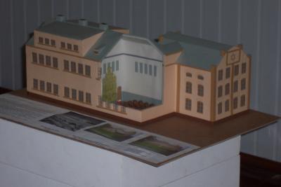 Model of the original Ponavehz Yeshiva. Part of an exhibition of models and art work done by the schoolchidren of Kupiskis