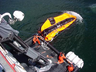 Inflating first 150 person life raft