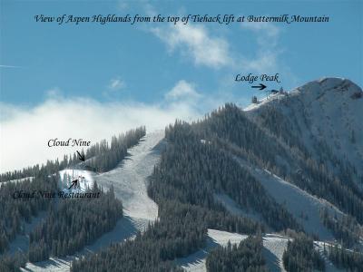 View of Aspen Highlands from top of Tyhack lift at Buttermilk Mountain.