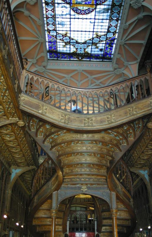 An elaborate staircase inside a bookstore