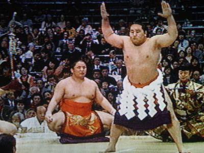 朝巣四湯　　

4:00 PM The Yokozuna Ring Entering Ceremony

  One of the high points of any tournament day, the yokozuna dohyo-iri or ring entering ceremony is performed with a combination of dignity and strength by each competing yokozuna. Flanked by his sword barer on the right and his usher on the left, the yokozuna goes through a series of motions rich in both tradition and meaning. 
