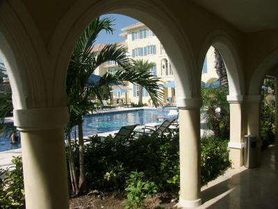 view of the pool and main building from our door