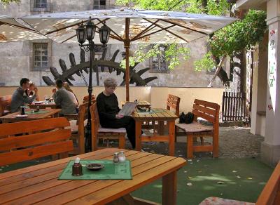 Outdoor cafe at waterwheel