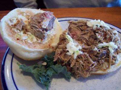 Vinegar BBQ Sandwich:   An Eastern North Carolina Style chopped pork BBQ sandwich with slaw.