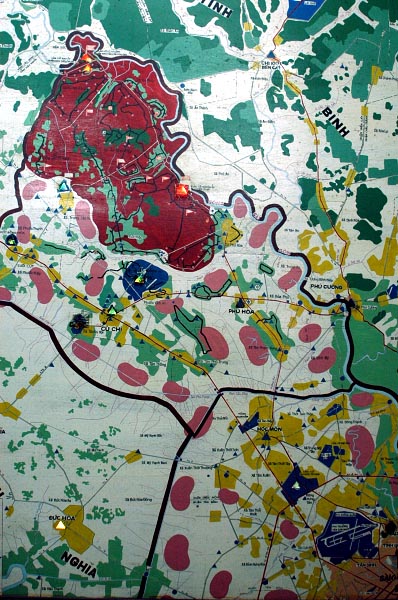 The red area denotes Viet Cong control. Blue is US base. Pink is VC control at night. Yellow US control.