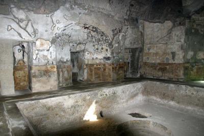 This is the calidarium - the heated bath - on the mens side. The circle you can see in the center of the pool is an early immer