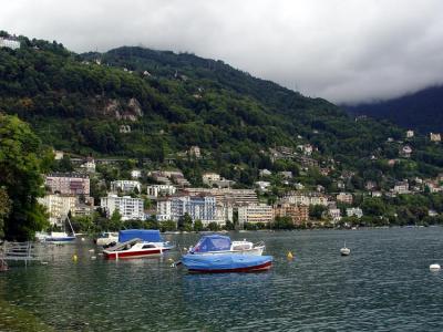 The City of Montreux across Lake Geneva.  Montreux has a tropical climate and along the walkway around the lake trees and plants from all over the world are planted.