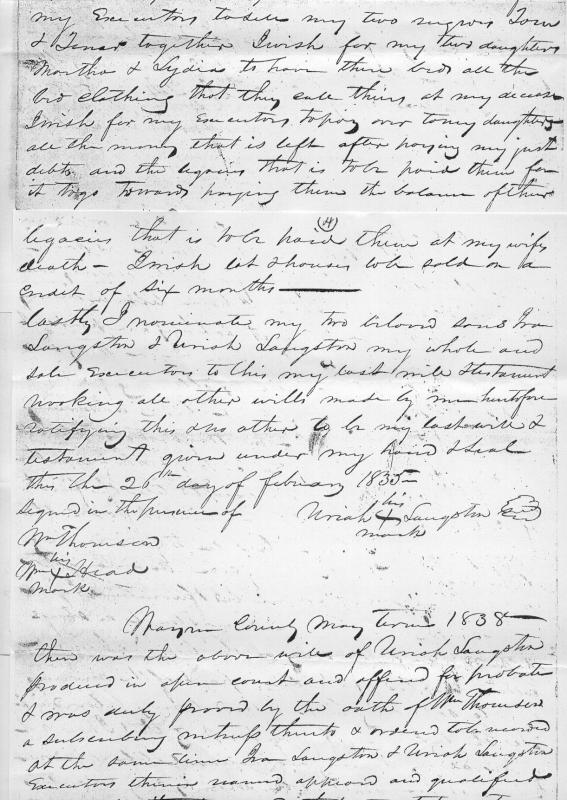 Uriah Langston - Wayne Co NC - 1835 Will Pg4 of 5