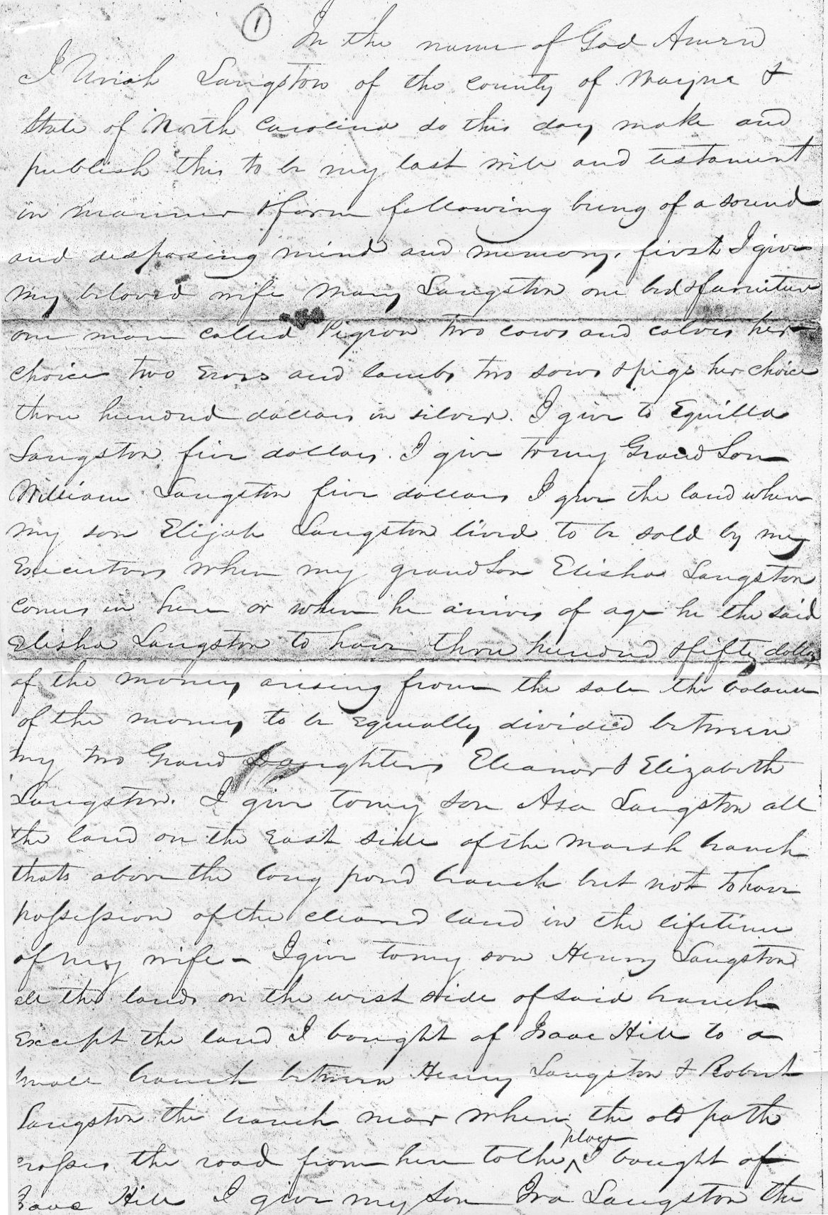 Uriah Langston - Wayne Co NC - 1835 Will Pg1 of 5