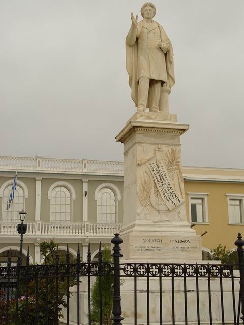 Dionyssios Solomos statue in downtown Chora...