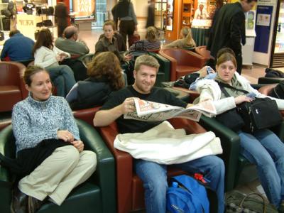 Julie, Clint and Emily waiting patiently at Heathrow for our flight to Munich.