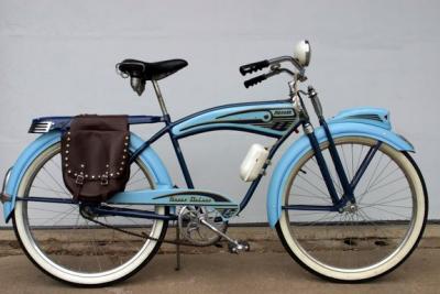 1952 Monark Super Deluxe with a train headlight and a cheese grater rack.