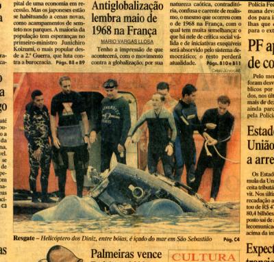 Publicado no Jornal o Estado de So Paulo do dia 5 de Agosto de 2001. Realizei fotos para percia do acidente com o helicptero da familia Diniz realizadas no dia 4 de agosto de 2001 a pedido do DAC - Departamento de Aeronutica Comercial.