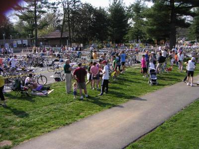 expanse of bike racks bikes and triathletes