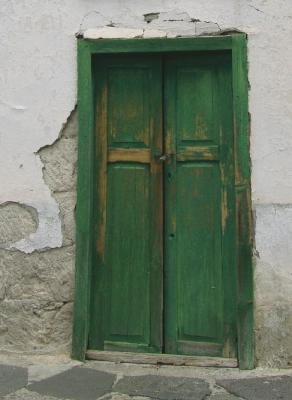 Green doors with some yellow