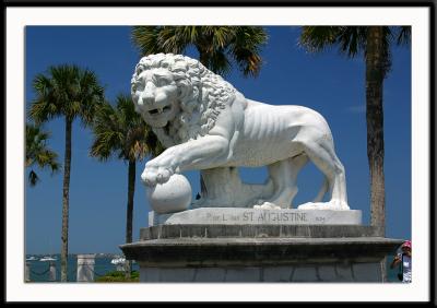 One of the lions guarding the entrance to the bridge over the Intracoastal waterway in St. Augustine, Florida.