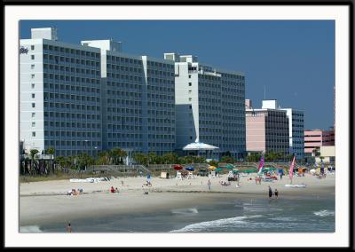 The view along Myrtle Beach, South Carolina. The Crown Reef hotel is to the left.
