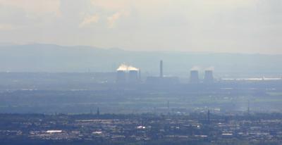 Fiddlers Ferry Power station and the Welsh hills from Knowl Hill