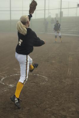 Katie pitching in fog