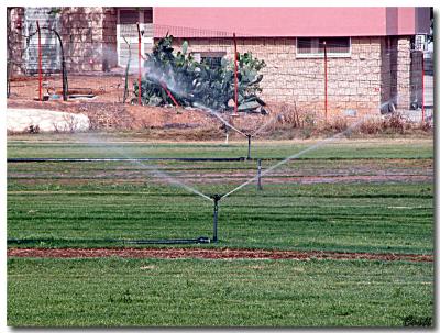May 7th - Sprinklers irrigating the grass.