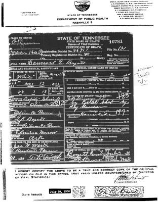 Samuel L. Boyett - Obion TN - Death Certificate