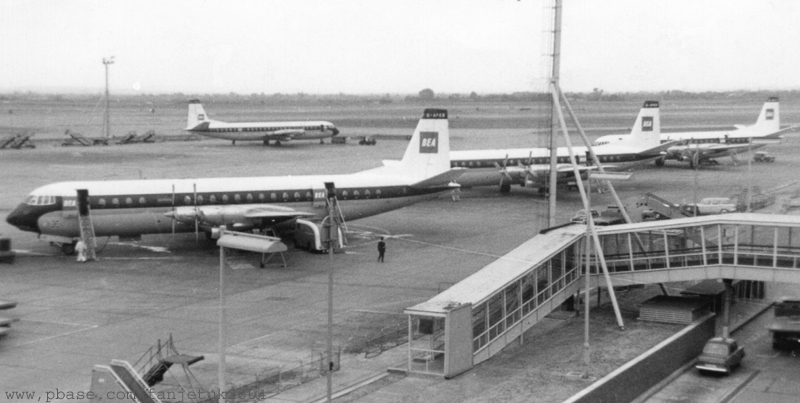 Four Vickers Vanguards of BEA @ Heathrow on an uncrowded apron early 60s