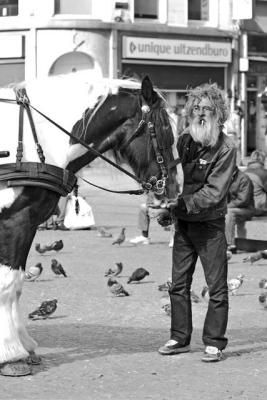 Dam Square man and horse - bw
