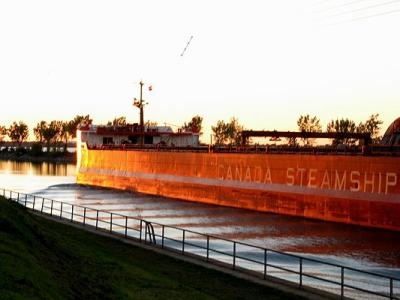 Ship at sunset in Indian village Kahnawake