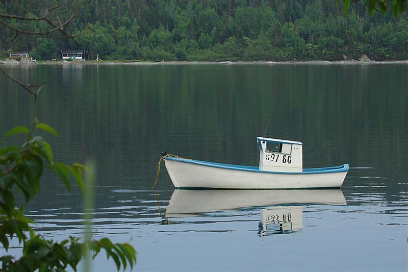 Fishing boat at anchor in placid Baie Verte Harbour
