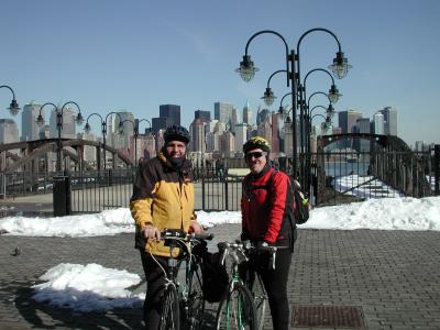 The Manhattan skyline rises in the background