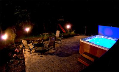 Tub is up and running. Tiki lamps provide the mood.
