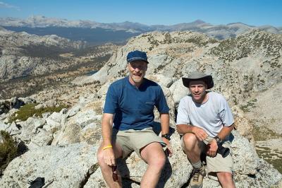 Paul and Tony on the summit of Vogelsang Peak, camp on the left