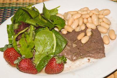 brachiole with cannellini bean salad, mesclun and fruit
