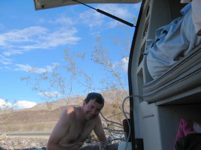 Our usual shower alongside the road at Stovepipe Wells