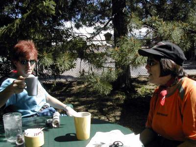 Marty and Judy chat over coffee