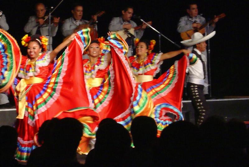 Colorful costumes on the dancers in a Mexican dance troupe on the Wind
