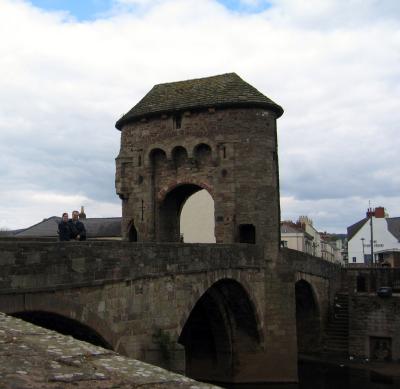 The unique 13th century stone gated bridge over the River Monnow in Monmouth