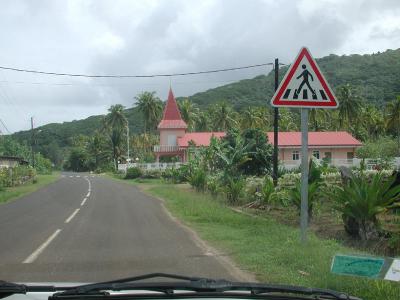church, pedestrian crossing sign, Raiatea
