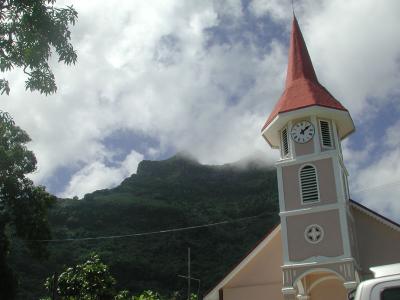 church in Vaitape, in front of Mt. Pahia