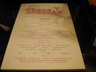 menu from 1945, Moana Surfrider, Waikiki...Would you prefer the seafood cocktail or the sliced bologna?