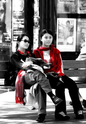 Mother and daughter in red