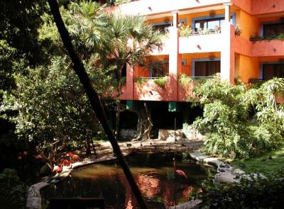 Back of Quetzal building 27 with flamingo pond