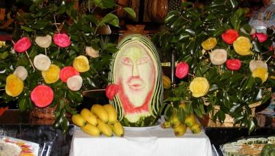 Watermelon sculpture with fruit flowers in the Tucan Tulum buffet restaurant