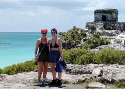 Nikki and Louise at Tulum with Structure 45 in the background